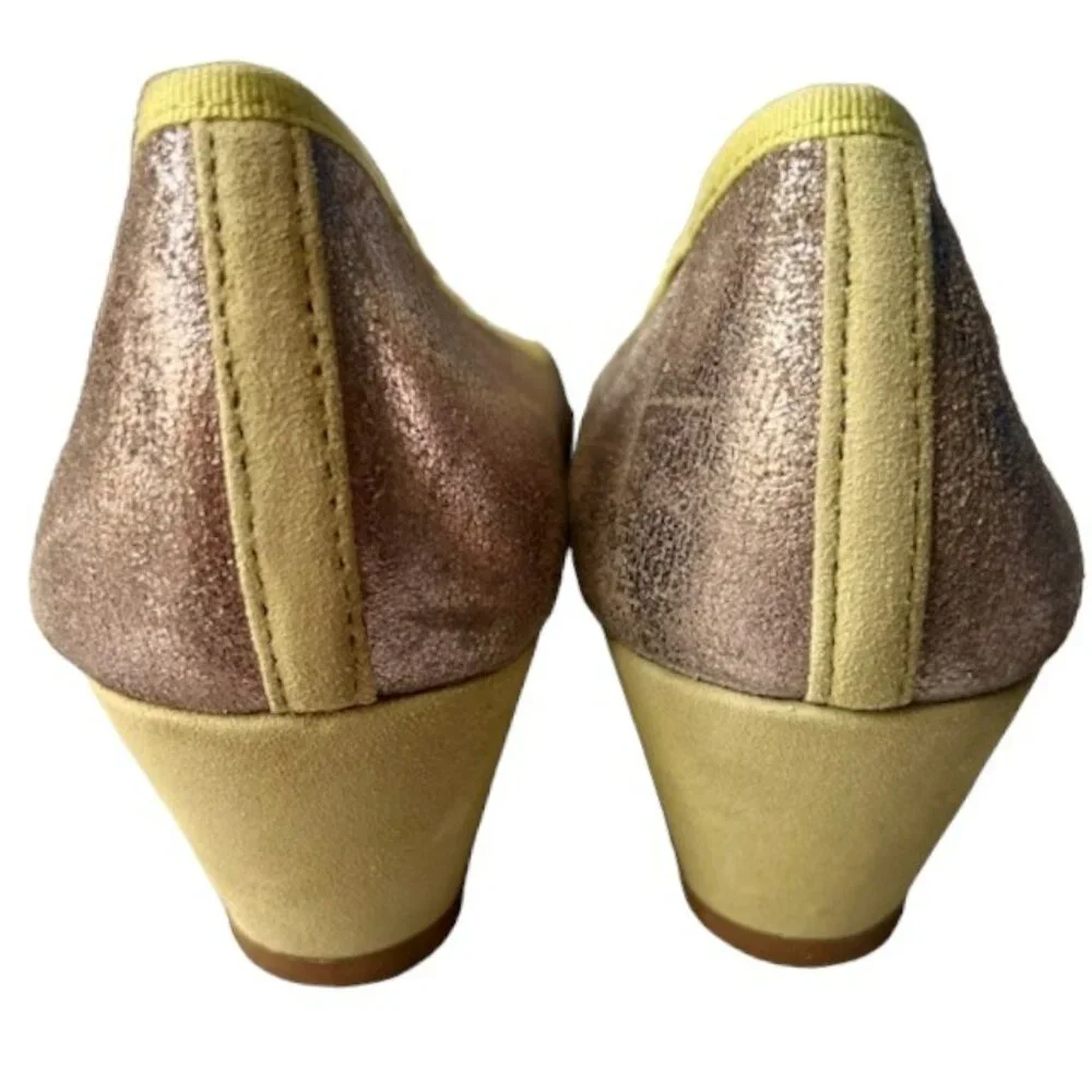 Boden Metallic Wedge Ballerina Shoes Leather Bow - Gold/Lime - 38 (7.5-8)